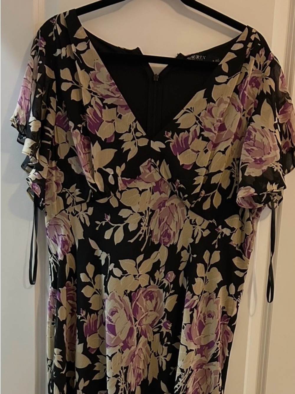 Ralph Lauren Black Floral V-Neck Flutter-Sleeve Tunic